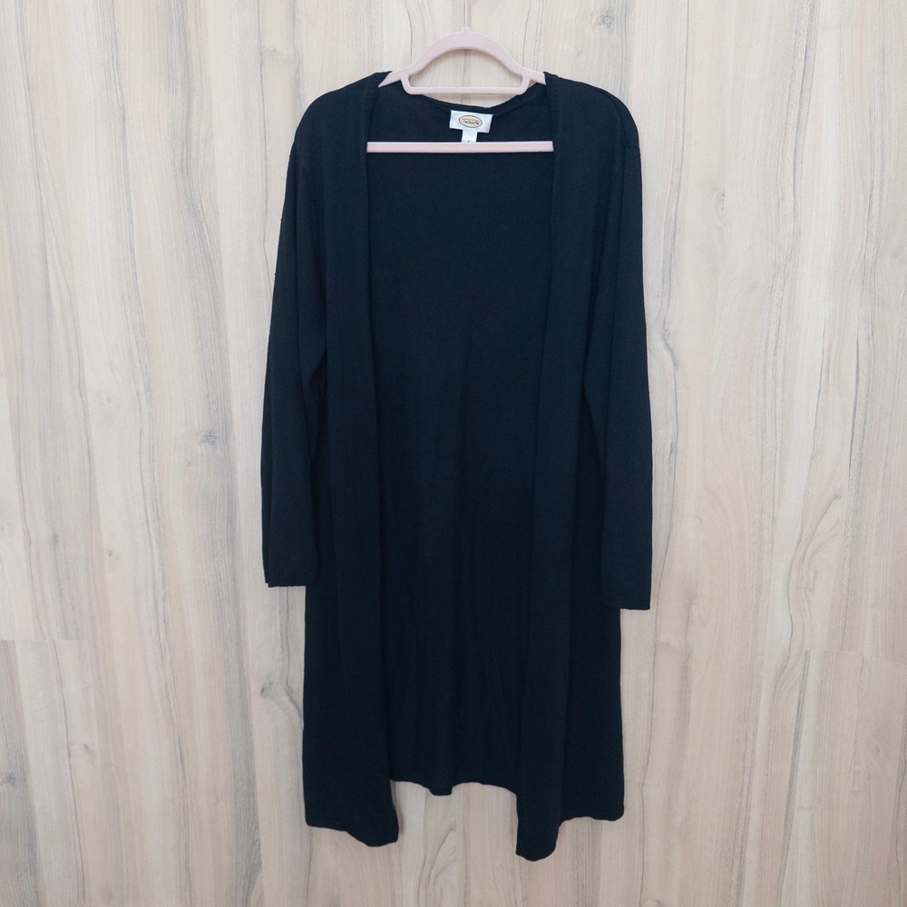 Talbots Cardigan L Black Silk Cashmere Wool Blend Longline Open Front Classic